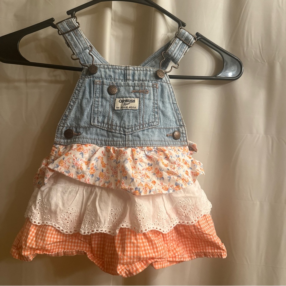 OshKosh B'gosh Blue and Orange Ruffle Overalls